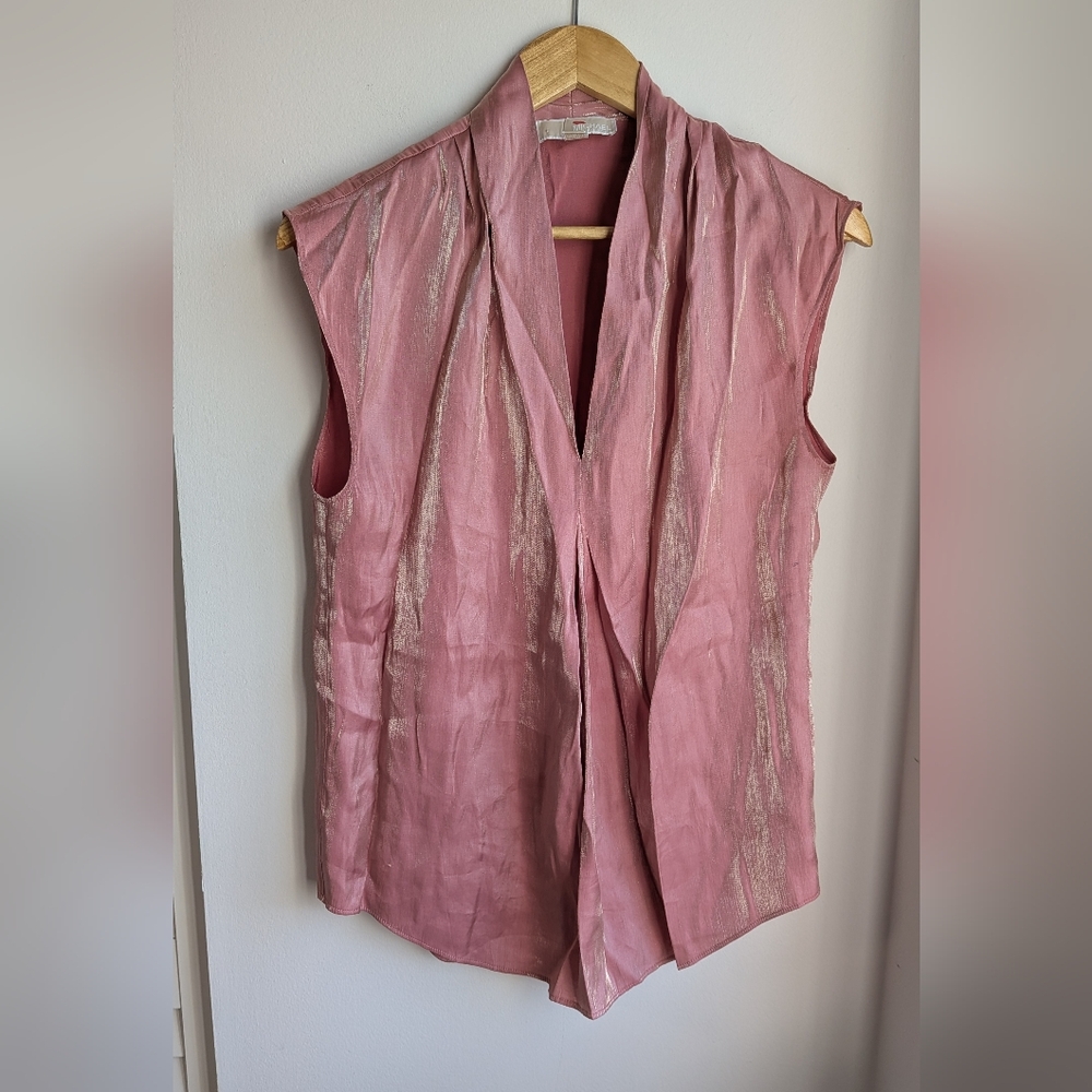 Michael Kors Pink Sleeveless Draper Blouse With Gold Shimmer V Neck